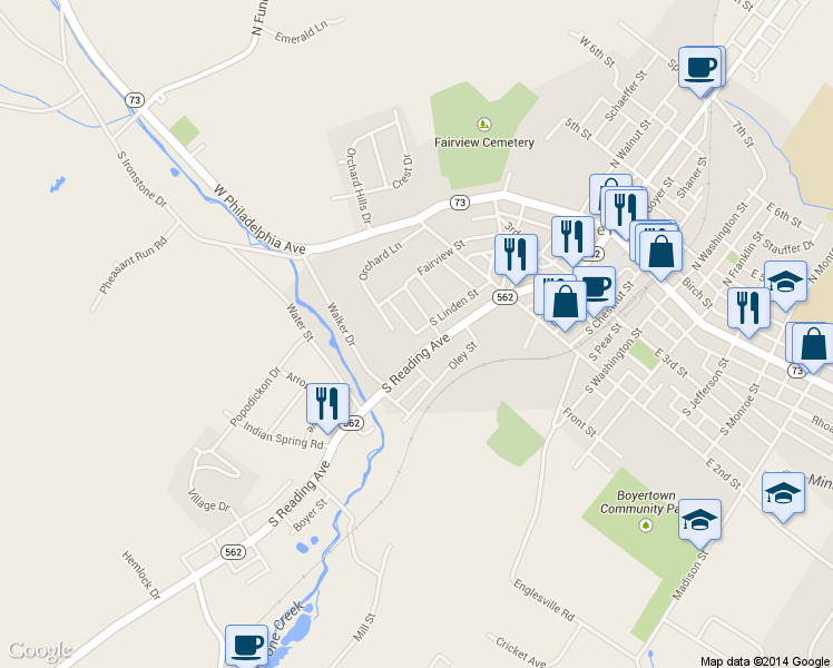 map of restaurants, bars, coffee shops, grocery stores, and more near 356 South Linden Street in Boyertown