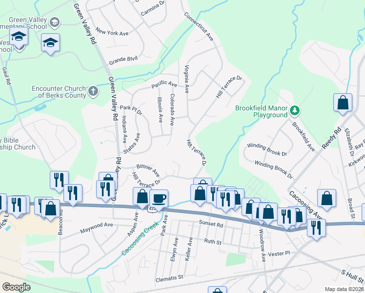 map of restaurants, bars, coffee shops, grocery stores, and more near 4189 Hill Terrace Drive in Sinking Spring