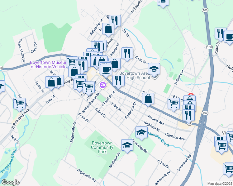 map of restaurants, bars, coffee shops, grocery stores, and more near 24 South Franklin Street in Boyertown