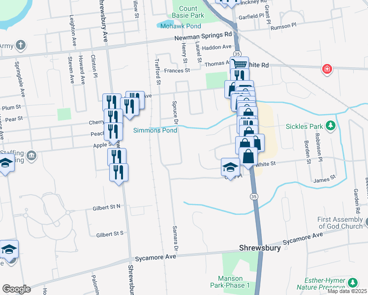 map of restaurants, bars, coffee shops, grocery stores, and more near 175 Spruce Drive in Shrewsbury