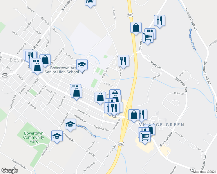 map of restaurants, bars, coffee shops, grocery stores, and more near 732 East 6th Street in Boyertown