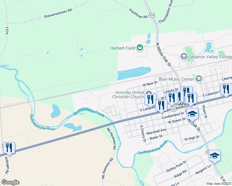 map of restaurants, bars, coffee shops, grocery stores, and more near 103 Clay Court in Annville