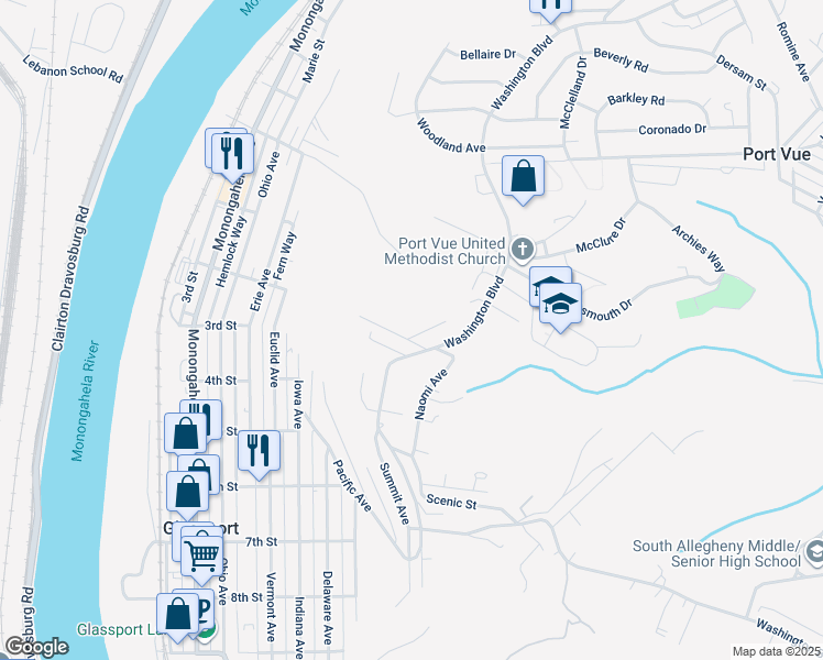 map of restaurants, bars, coffee shops, grocery stores, and more near 1908 Ola Avenue in Glassport
