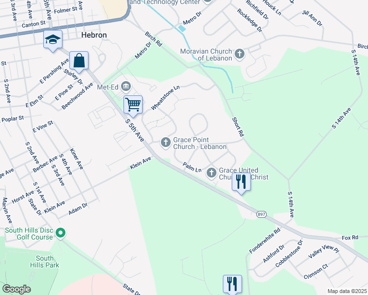 map of restaurants, bars, coffee shops, grocery stores, and more near 133 Palm Ln in Lebanon