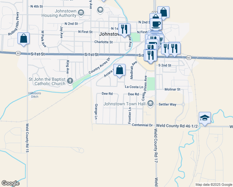map of restaurants, bars, coffee shops, grocery stores, and more near 401 Territory Lane in Johnstown