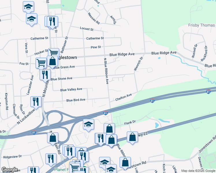 map of restaurants, bars, coffee shops, grocery stores, and more near 521 North Blue Ribbon Avenue in Linglestown