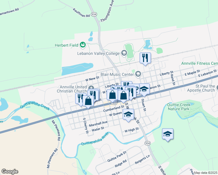 map of restaurants, bars, coffee shops, grocery stores, and more near 105 North Lancaster Street in Annville