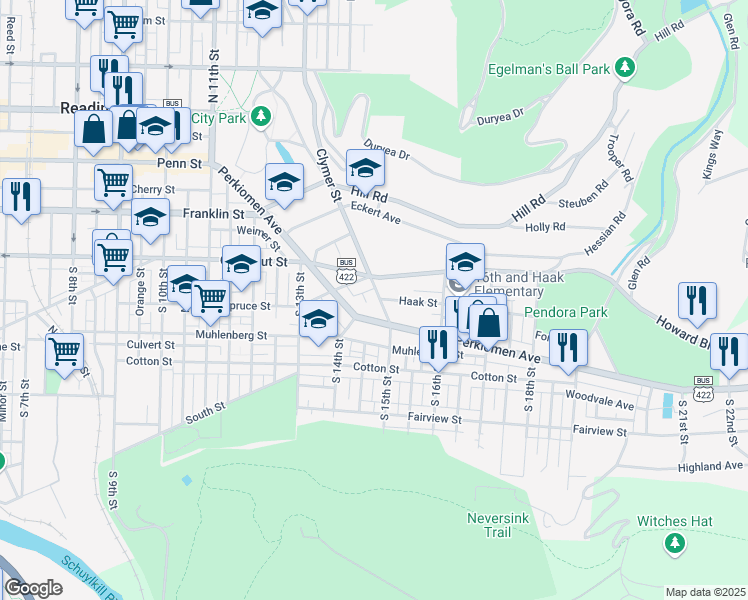 map of restaurants, bars, coffee shops, grocery stores, and more near 220 Clymer Street in Reading