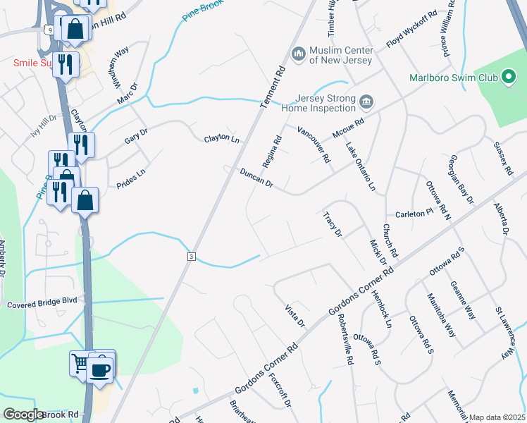 map of restaurants, bars, coffee shops, grocery stores, and more near 6 Winnipeg Court in Marlboro Township