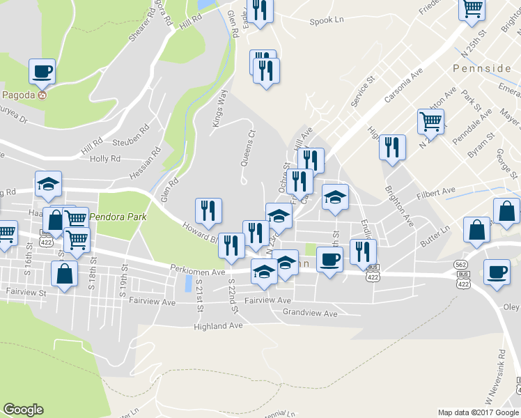 map of restaurants, bars, coffee shops, grocery stores, and more near 212 Summit Avenue in Reading