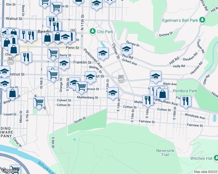 map of restaurants, bars, coffee shops, grocery stores, and more near 1312 Spruce Street in Reading