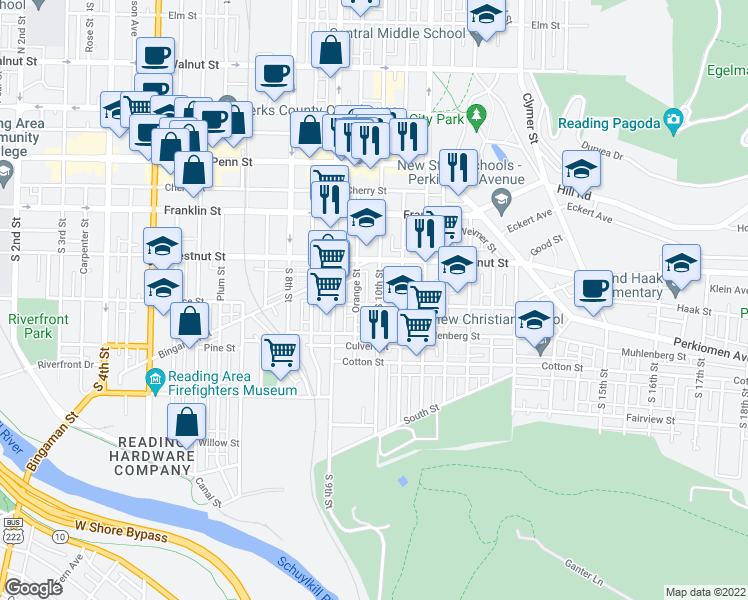 map of restaurants, bars, coffee shops, grocery stores, and more near 259 South 10th Street in Reading