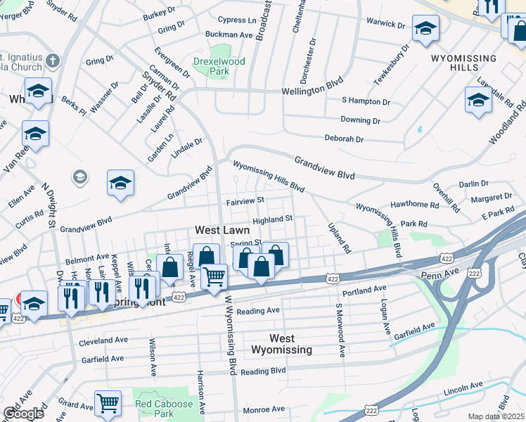 map of restaurants, bars, coffee shops, grocery stores, and more near 2133 Highland Street in West Lawn