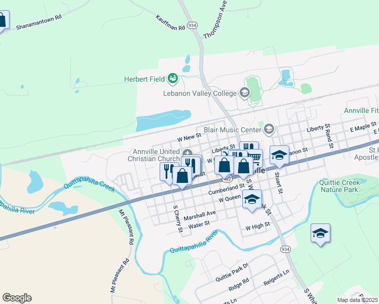 map of restaurants, bars, coffee shops, grocery stores, and more near 248 West Sheridan Avenue in Annville