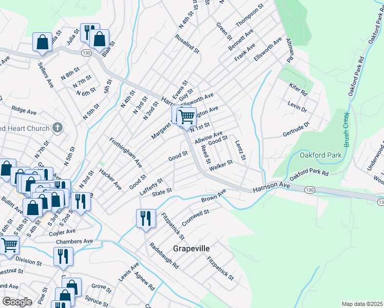 map of restaurants, bars, coffee shops, grocery stores, and more near 317 Harrison Avenue in Jeannette