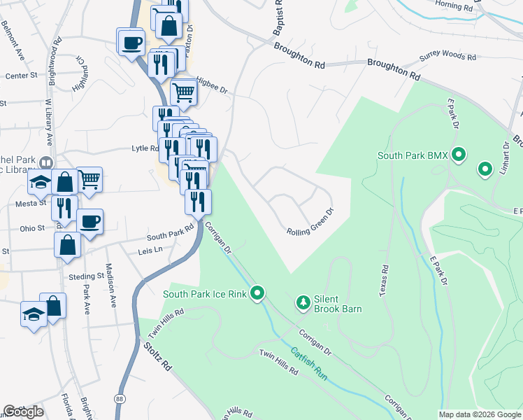 map of restaurants, bars, coffee shops, grocery stores, and more near 582 Rolling Green Drive in Bethel Park