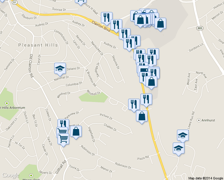 map of restaurants, bars, coffee shops, grocery stores, and more near 452 Saratoga Drive in Pittsburgh