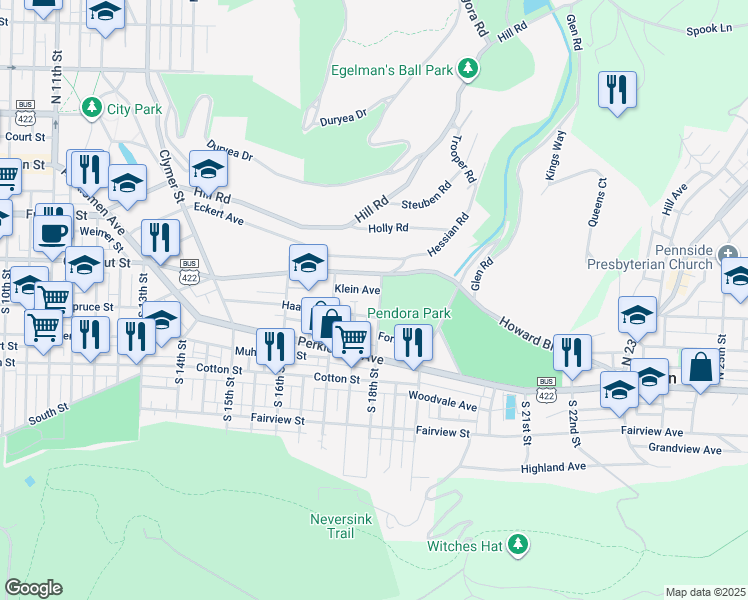 map of restaurants, bars, coffee shops, grocery stores, and more near 216 South 18th Street in Reading
