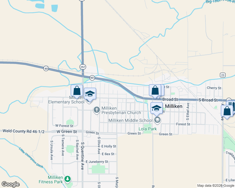 map of restaurants, bars, coffee shops, grocery stores, and more near 415 Broad Street in Milliken