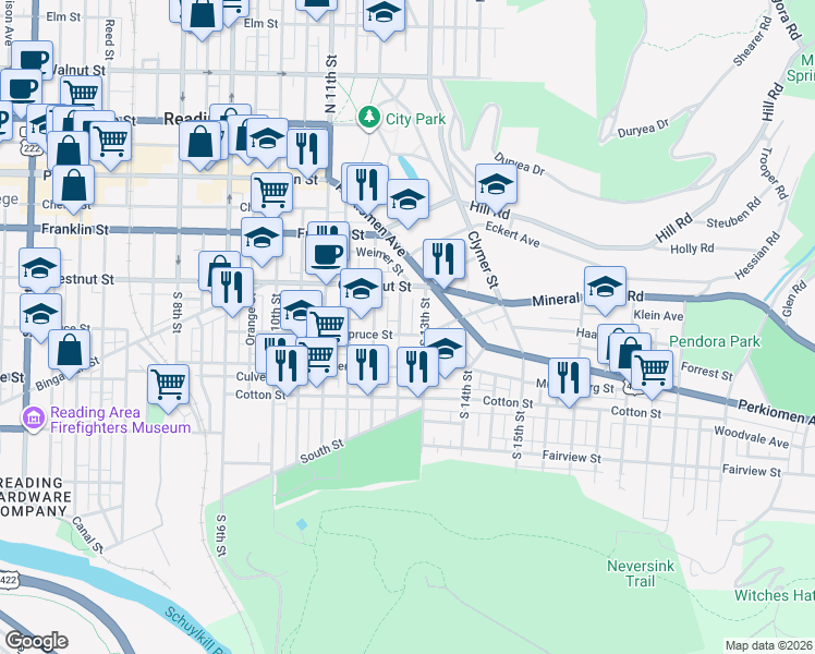map of restaurants, bars, coffee shops, grocery stores, and more near 1229 Spruce Street in Reading