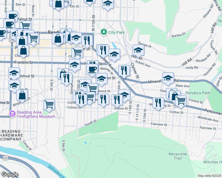 map of restaurants, bars, coffee shops, grocery stores, and more near 1229 Spruce Street in Reading