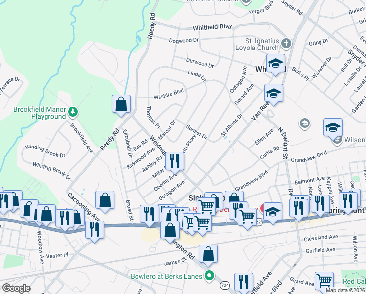 map of restaurants, bars, coffee shops, grocery stores, and more near 3125 Merritt Parkway in Sinking Spring