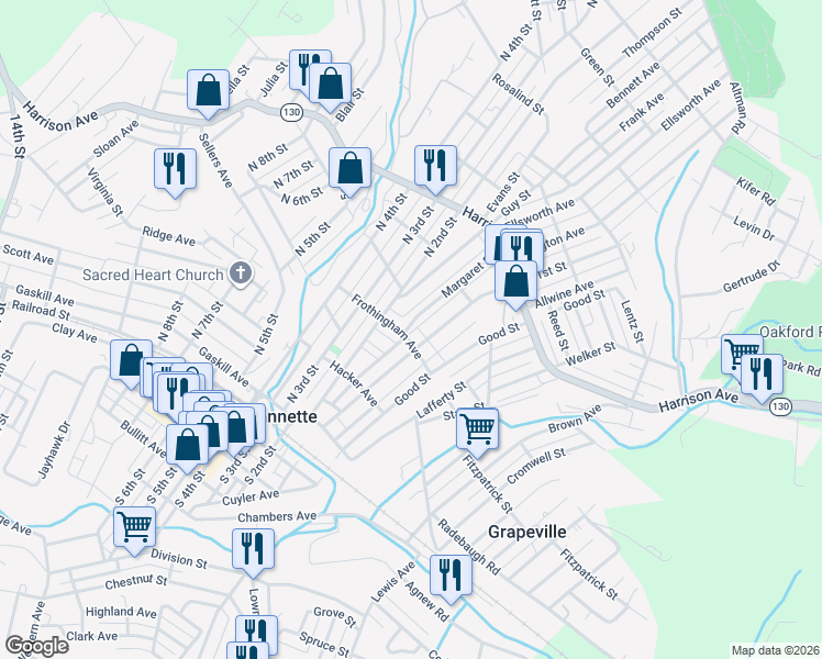 map of restaurants, bars, coffee shops, grocery stores, and more near 309 North 1st Street in Jeannette