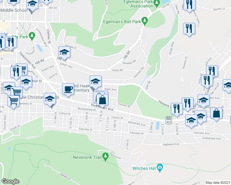 map of restaurants, bars, coffee shops, grocery stores, and more near 216 South 18th Street in Reading