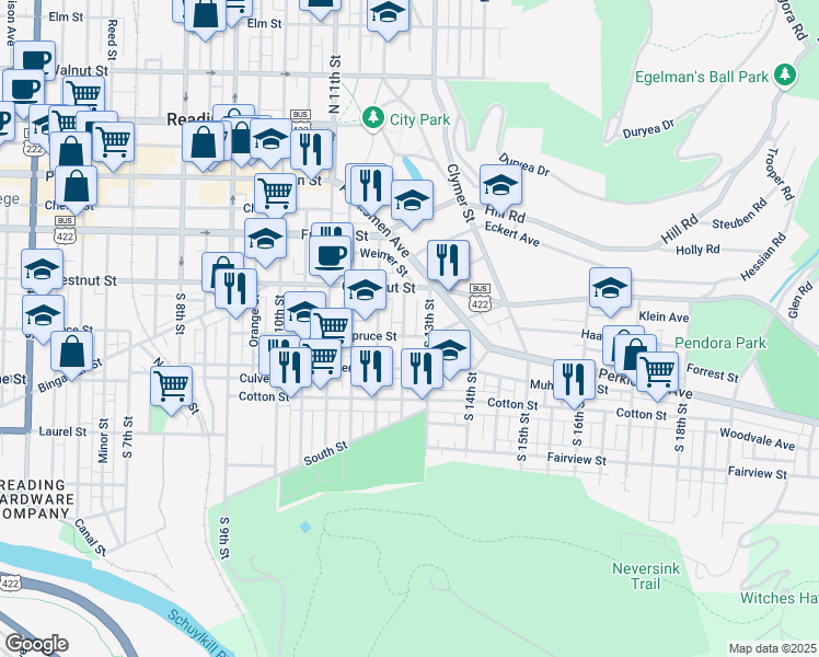 map of restaurants, bars, coffee shops, grocery stores, and more near 1229 Spruce Street in Reading