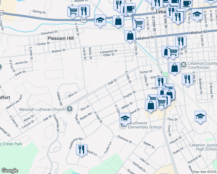 map of restaurants, bars, coffee shops, grocery stores, and more near 1410 Oak Street in Lebanon