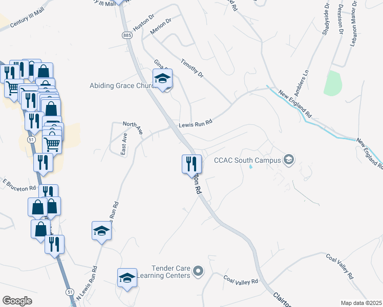 map of restaurants, bars, coffee shops, grocery stores, and more near 1735 Clairton Road in West Mifflin