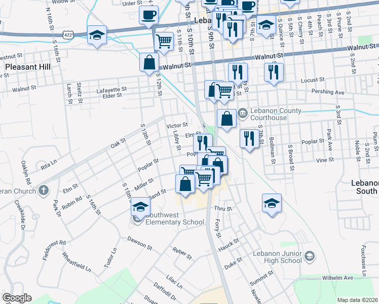 map of restaurants, bars, coffee shops, grocery stores, and more near 1101 Poplar Street in Lebanon