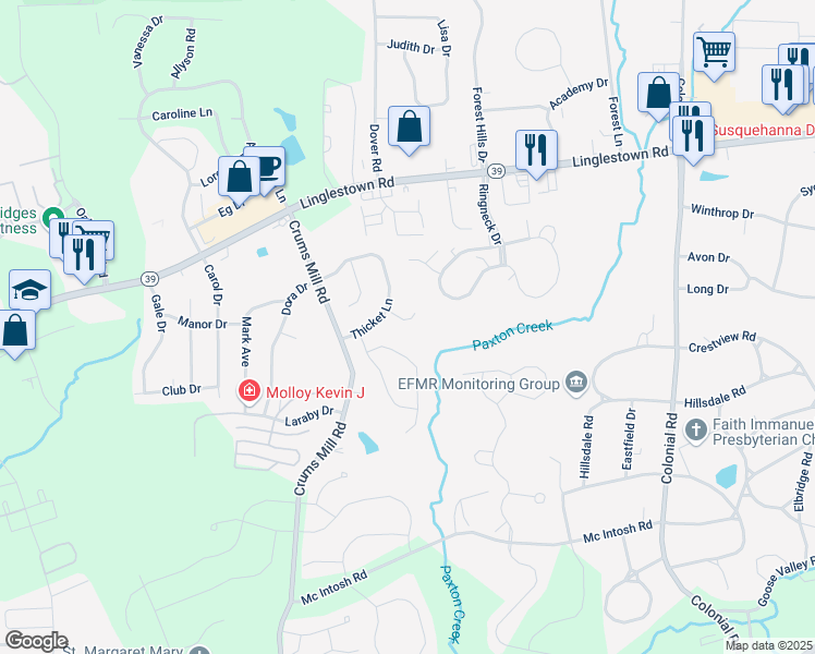 map of restaurants, bars, coffee shops, grocery stores, and more near 2022 Scott Meadow Court in Harrisburg