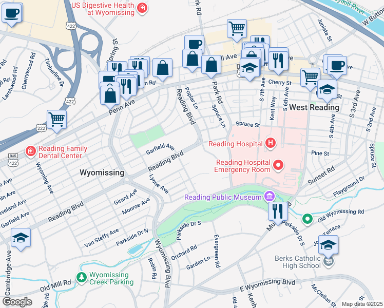 map of restaurants, bars, coffee shops, grocery stores, and more near 1020 Reading Boulevard in Wyomissing