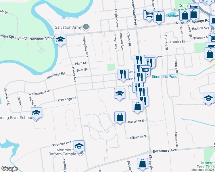 map of restaurants, bars, coffee shops, grocery stores, and more near 67 Apple Street in Tinton Falls