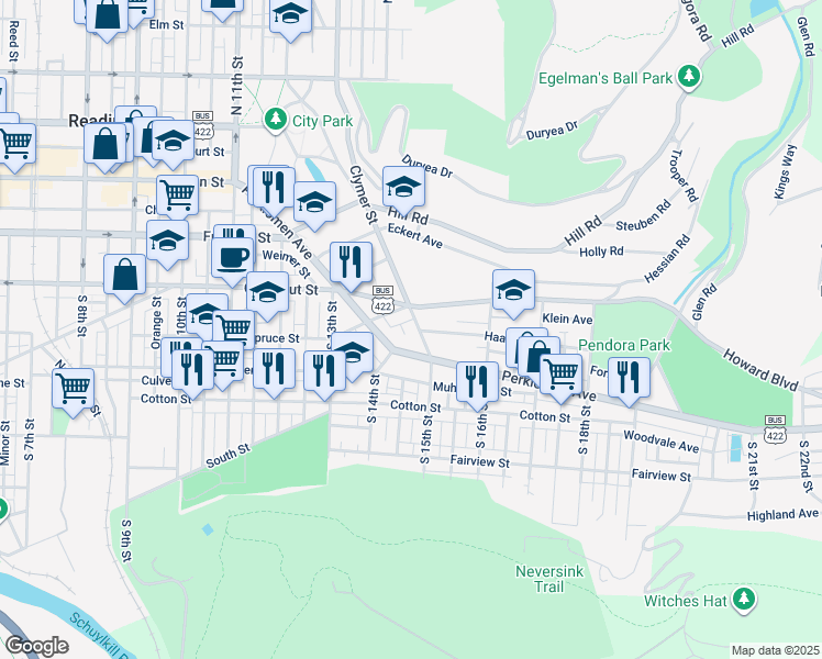 map of restaurants, bars, coffee shops, grocery stores, and more near 218 Clymer Street in Reading