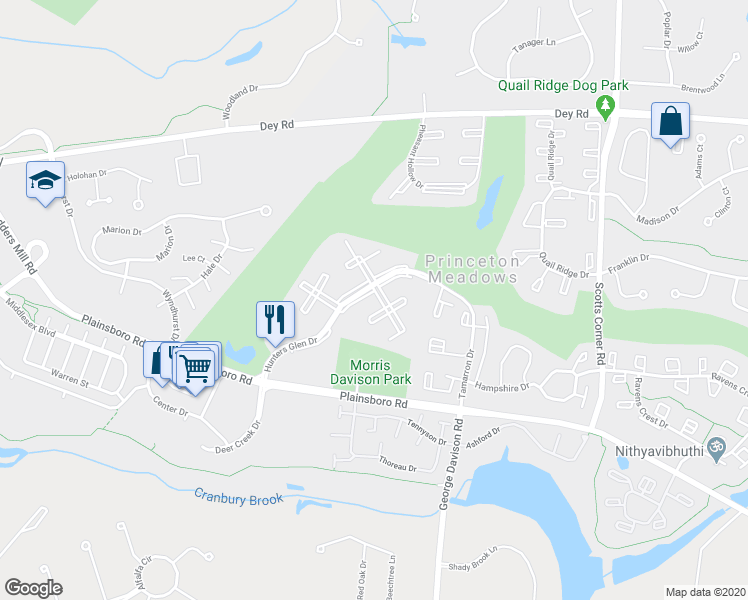 map of restaurants, bars, coffee shops, grocery stores, and more near 1310 Hunters Glen Drive in Princeton Meadows