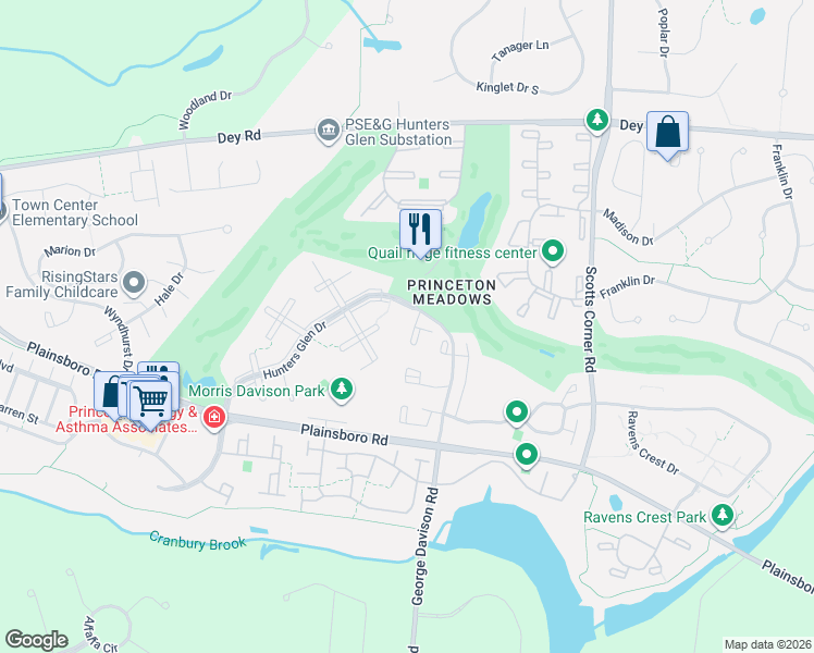 map of restaurants, bars, coffee shops, grocery stores, and more near 9207 Tamarron Drive in Princeton Meadows