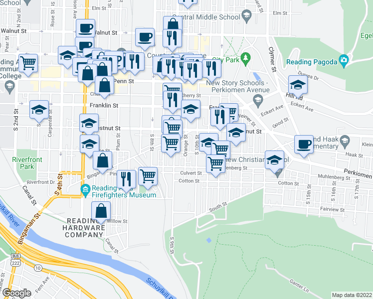 map of restaurants, bars, coffee shops, grocery stores, and more near 929 Spruce Street in Reading