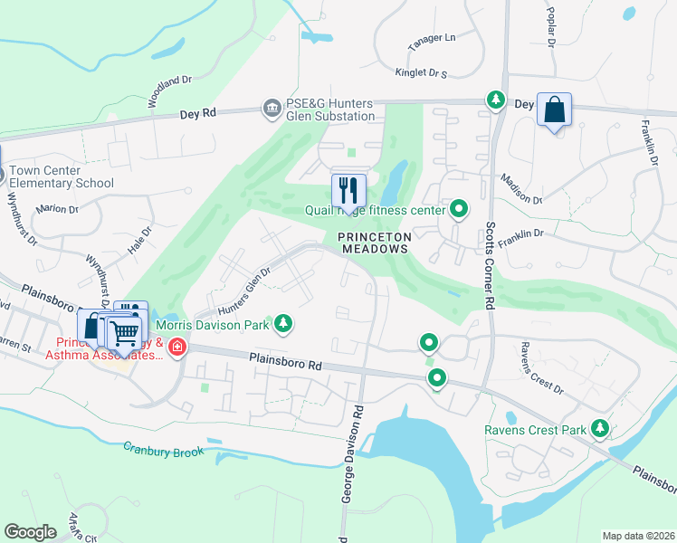map of restaurants, bars, coffee shops, grocery stores, and more near 8807 Tamarron Drive in Princeton Meadows