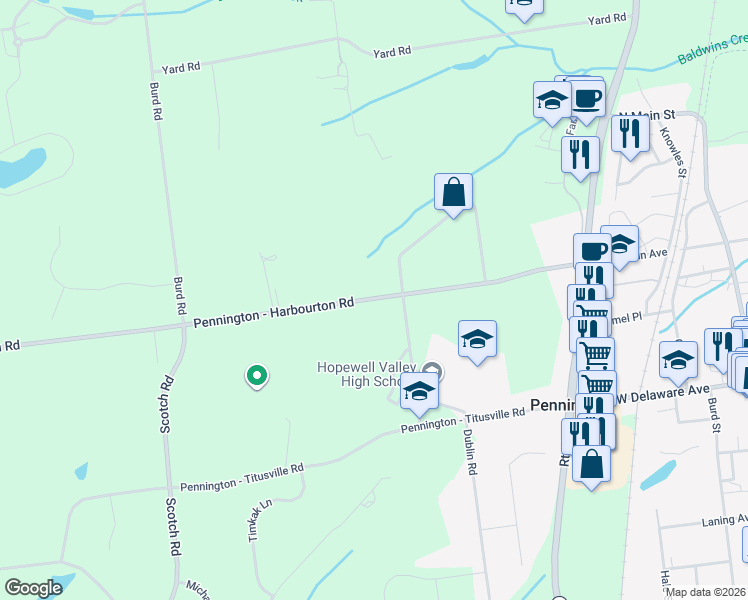 map of restaurants, bars, coffee shops, grocery stores, and more near 188 Pennington Harbourton Road in Pennington