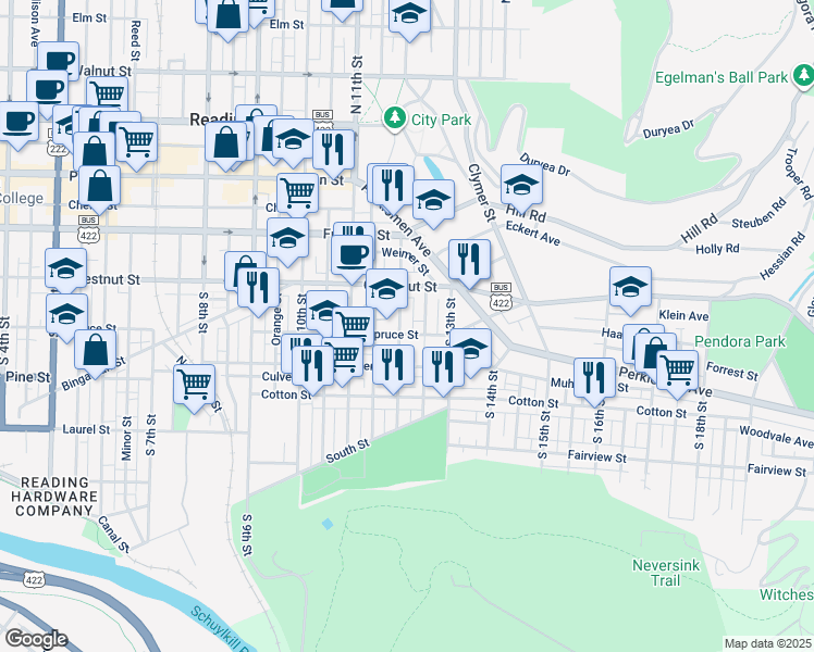 map of restaurants, bars, coffee shops, grocery stores, and more near 241 South 12th Street in Reading