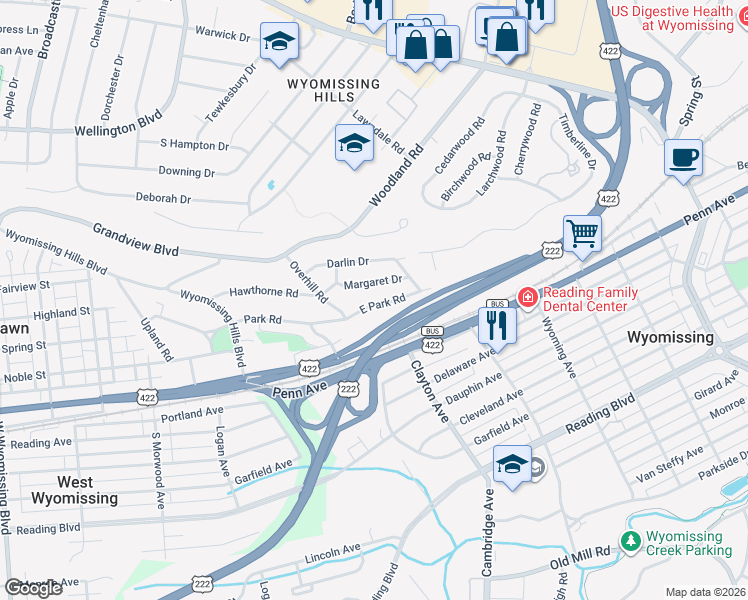 map of restaurants, bars, coffee shops, grocery stores, and more near 9 East Park Road in Reading