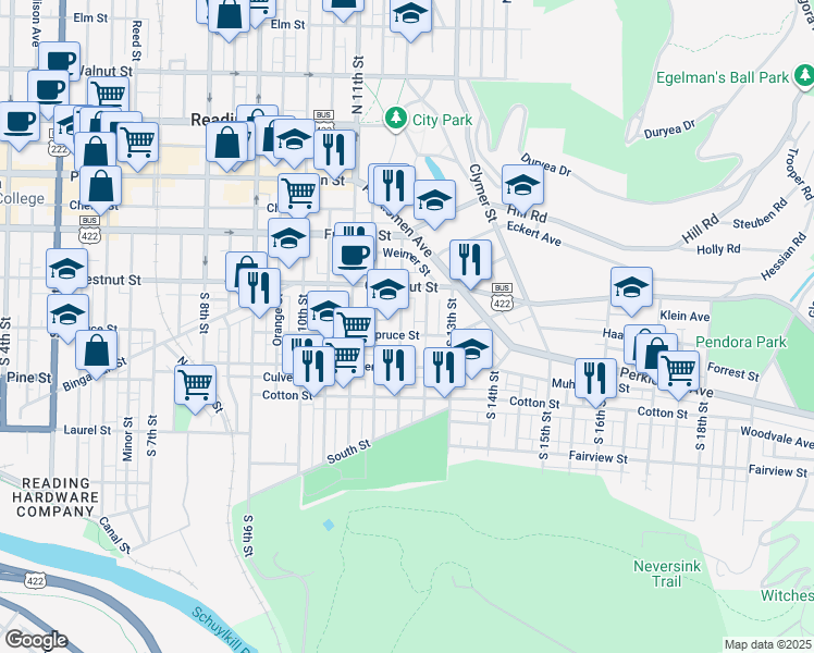 map of restaurants, bars, coffee shops, grocery stores, and more near 241 South 12th Street in Reading