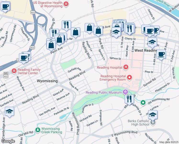 map of restaurants, bars, coffee shops, grocery stores, and more near 1020 Reading Boulevard in Wyomissing