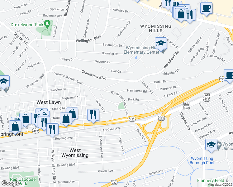 map of restaurants, bars, coffee shops, grocery stores, and more near 25 Wyomissing Hills Boulevard in Reading