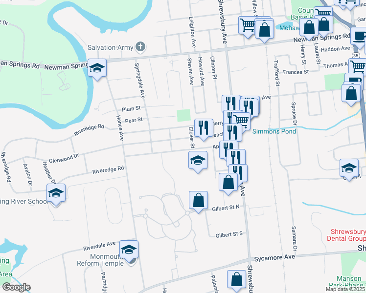 map of restaurants, bars, coffee shops, grocery stores, and more near 67 Apple Street in Tinton Falls