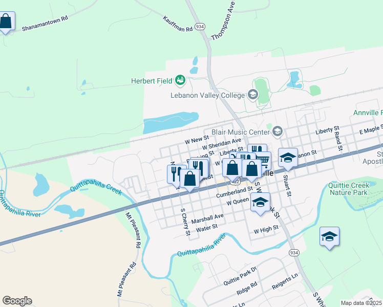 map of restaurants, bars, coffee shops, grocery stores, and more near 248 West Sheridan Avenue in Annville