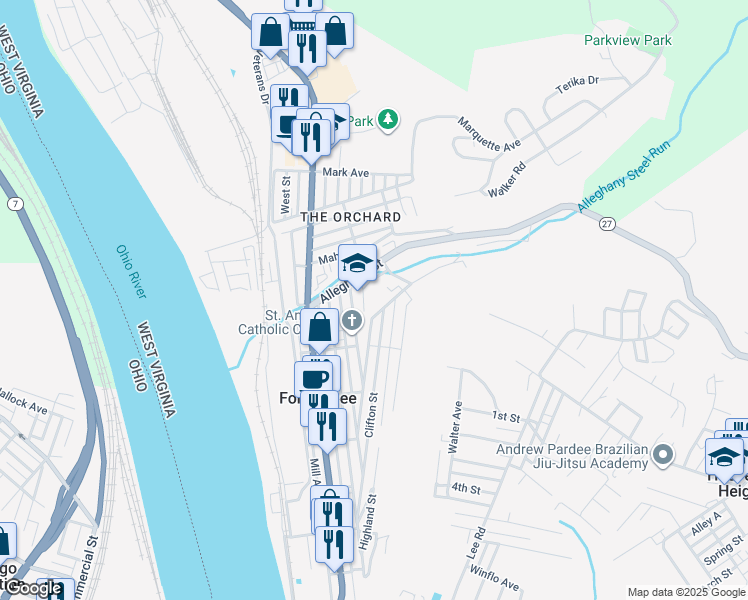 map of restaurants, bars, coffee shops, grocery stores, and more near 1055 Neville Street in Follansbee
