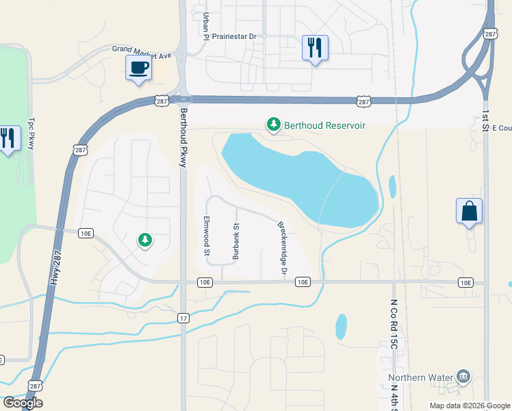 map of restaurants, bars, coffee shops, grocery stores, and more near 2232 Breckenridge Drive in Berthoud